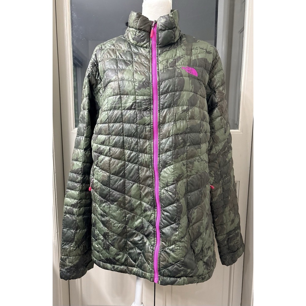 The North Face Womens XL Quilted Insulated Jacket Green Camo Pink Full Zip Coat